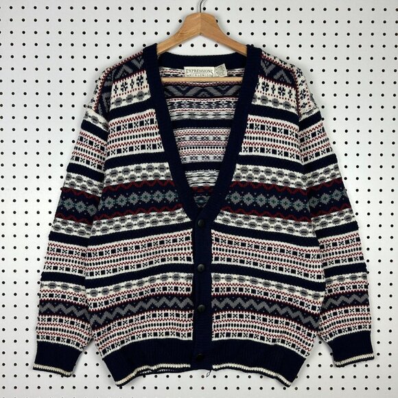Expressions Northern Isle Cardigan‎ Knit Sweater Large Blue Red Cream Cosby 90s - Picture 1 of 6